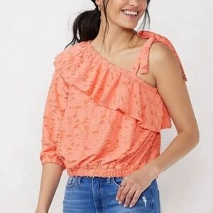 LC Lauren Conrad Womens L One  Shoulder Top Ruffle 3/4 Sleeve Carnation Peach